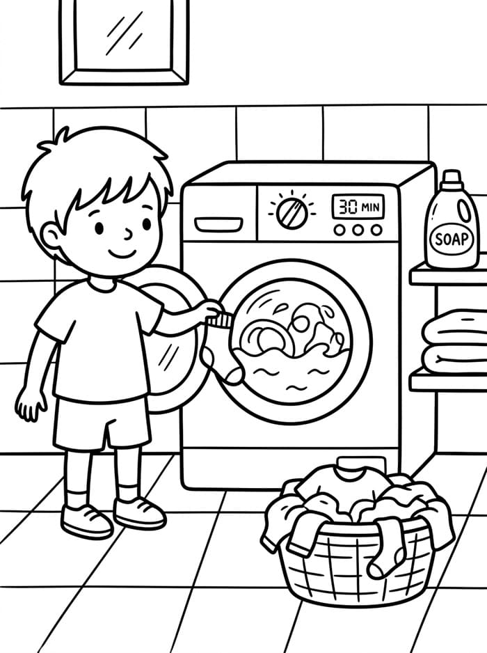 Bé Trai Giặt Đồ Trong Máy Giặt