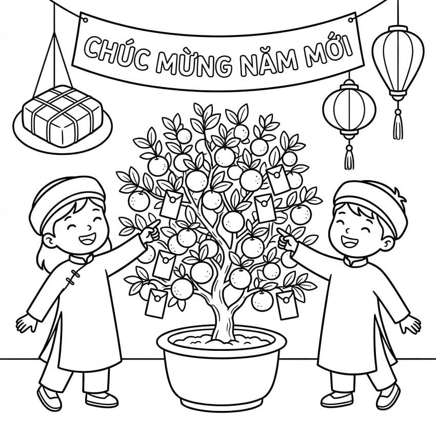 Bé và Cây Quất Ngày Tết