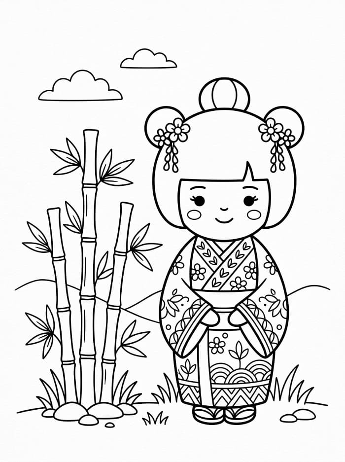 Búp Bê Kokeshi Bên Cây Tre
