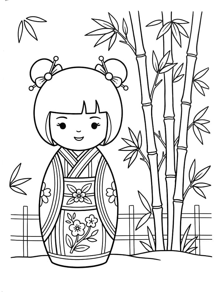 Búp Bê Kokeshi Cạnh Cây Tre