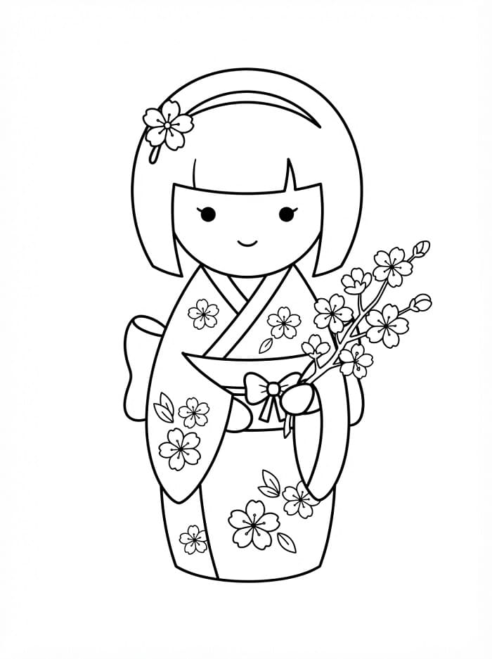 Búp Bê Kokeshi Và Cành Hoa