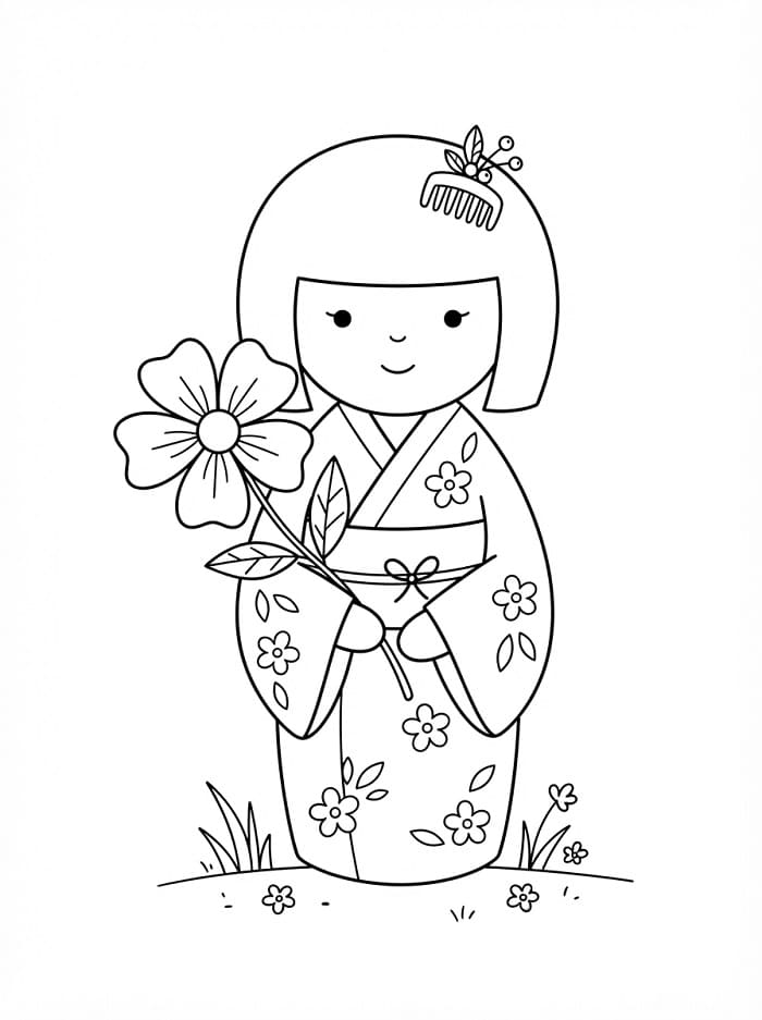 Búp Bê Kokeshi Với Bông Hoa