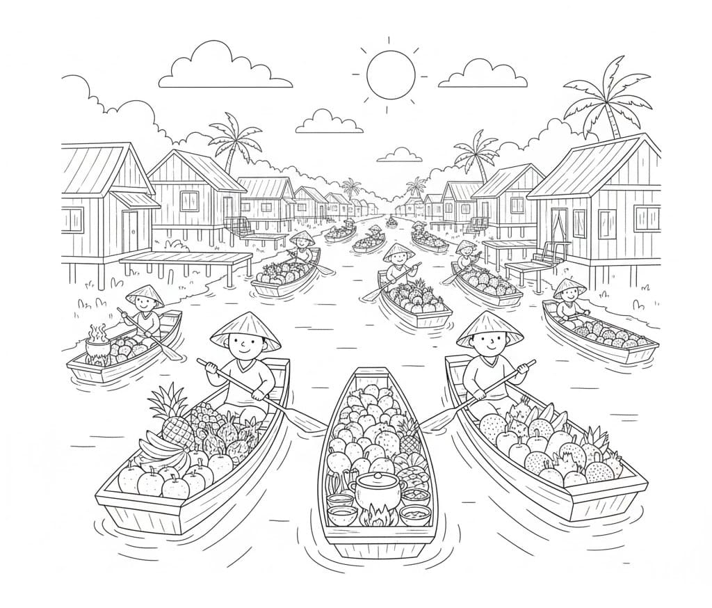 Tô màu Chợ Nổi Miền Tây Chợ Nổi Miền Tây