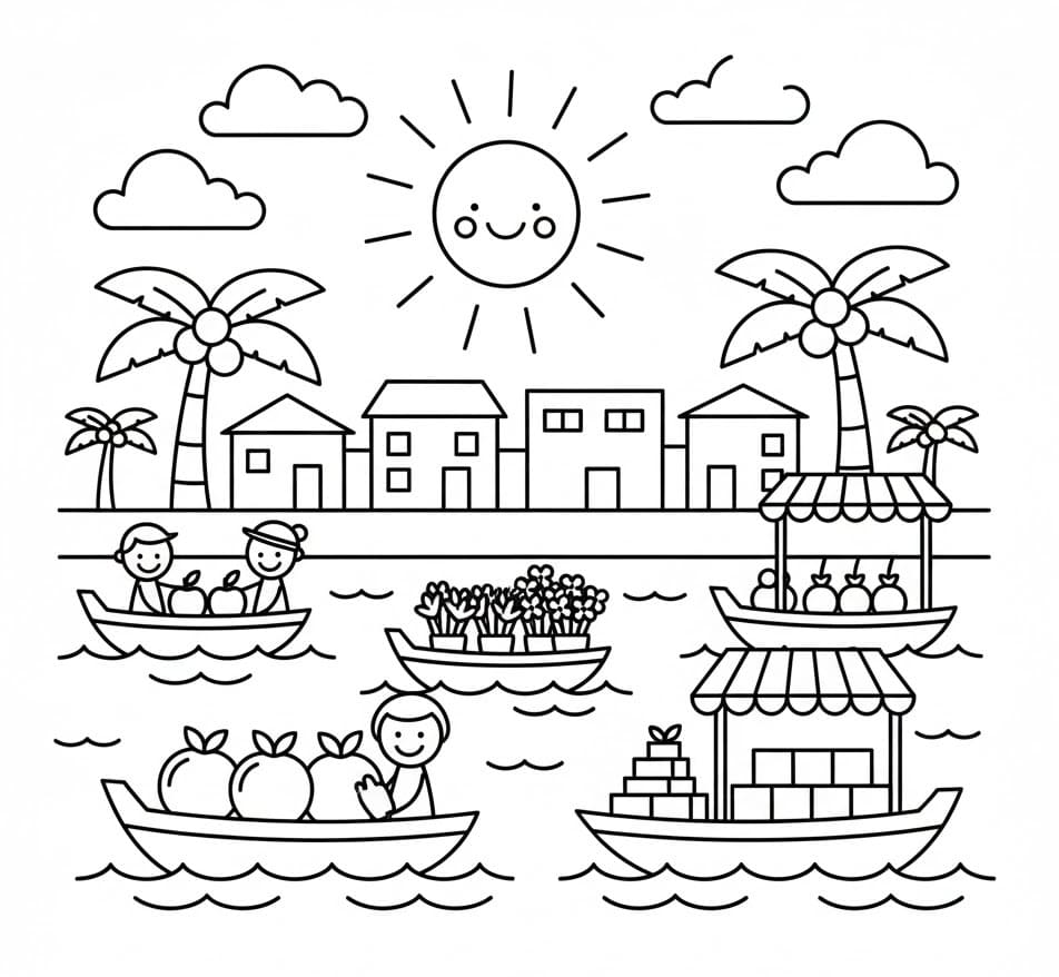 Tô màu Chợ Nổi Ở Miền Sông Nước Chợ Nổi Ở Miền Sông Nước