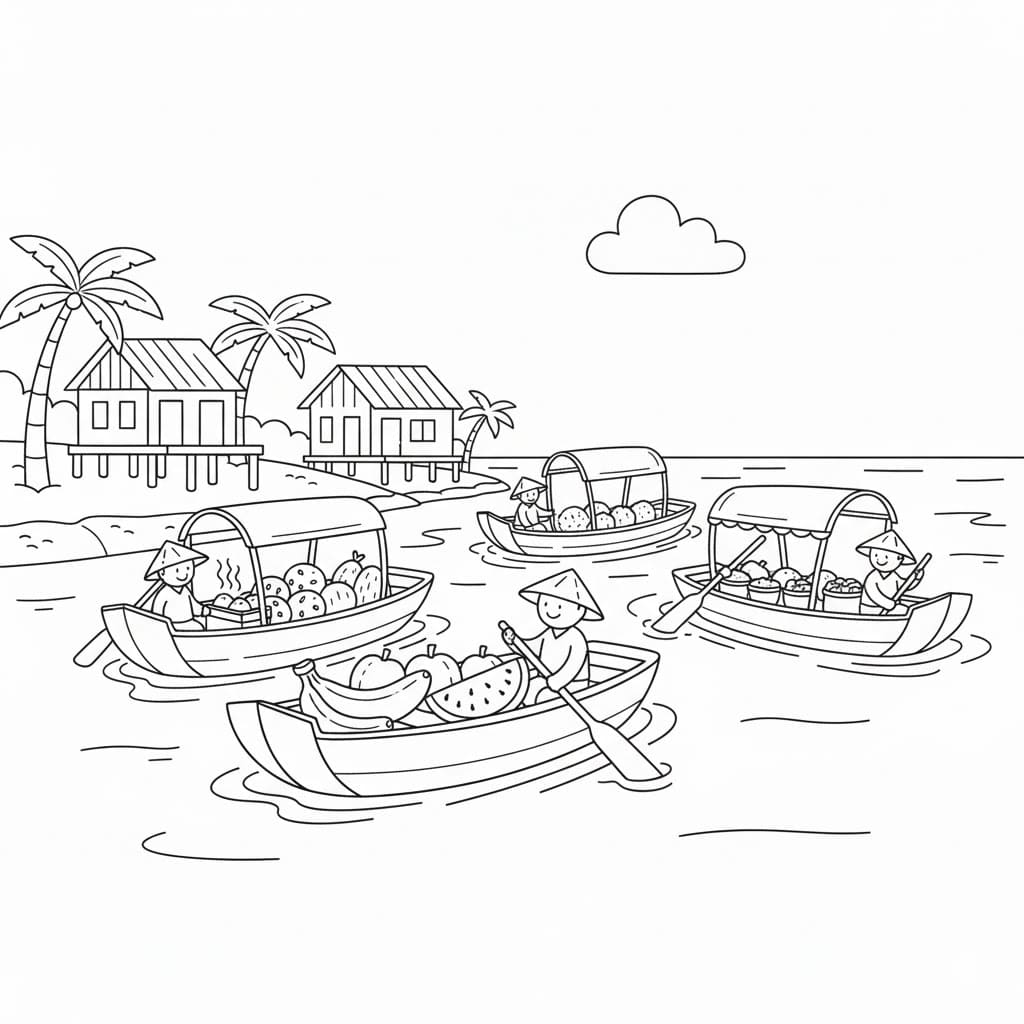 Tô màu Chợ Nổi Ở Vùng Sông Nước Chợ Nổi Ở Vùng Sông Nước