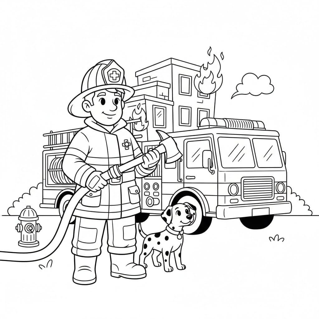 Lính Cứu Hỏa Bên Xe Cứu Hỏa Và Chó