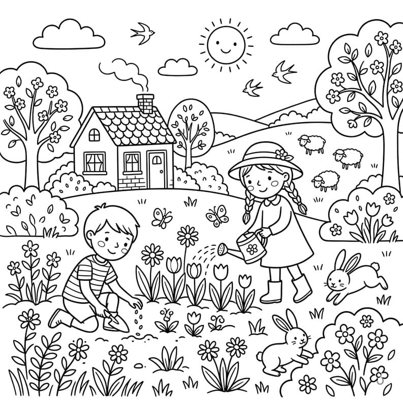 Tô màu Trẻ Em Trồng Hoa Ngày Xuân - Trang Tô Màu Cho Bé